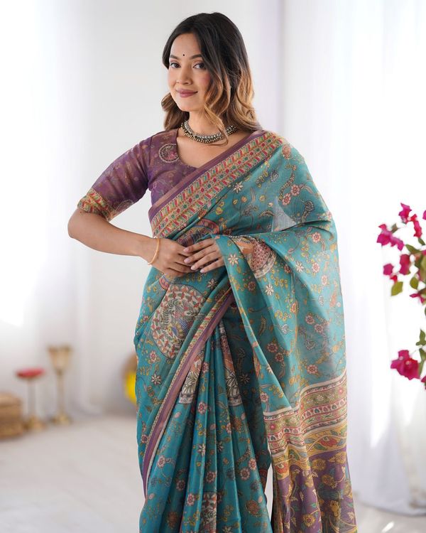 Teal Blue Handloom Cotton Saree with Purple Border & Heritage Pallu