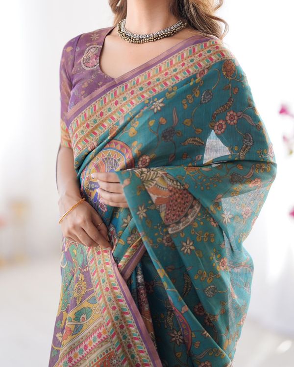 Teal Blue Handloom Cotton Saree with Purple Border & Heritage Pallu