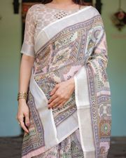 Pure Linen Beige Saree with Artistic Print & Designer Pallu - 