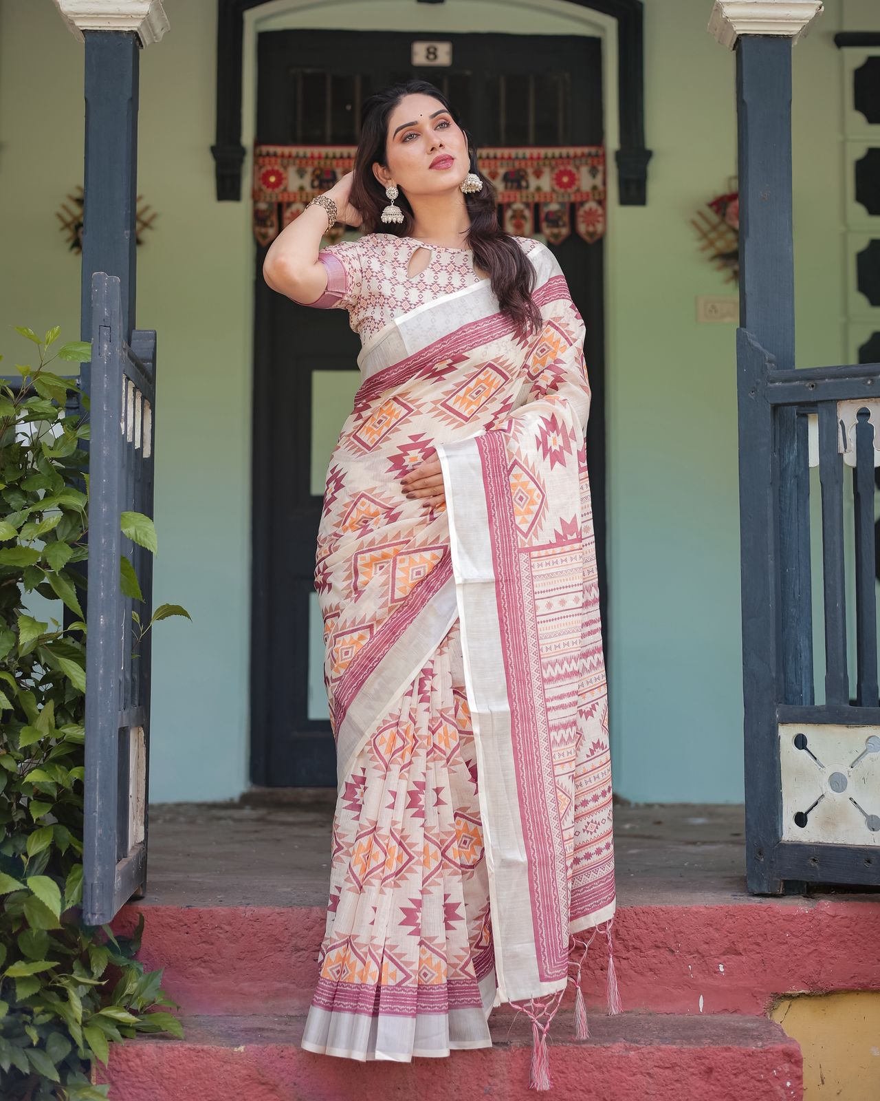 Off White Linen Saree with Tribal Prints & Designer Pallu