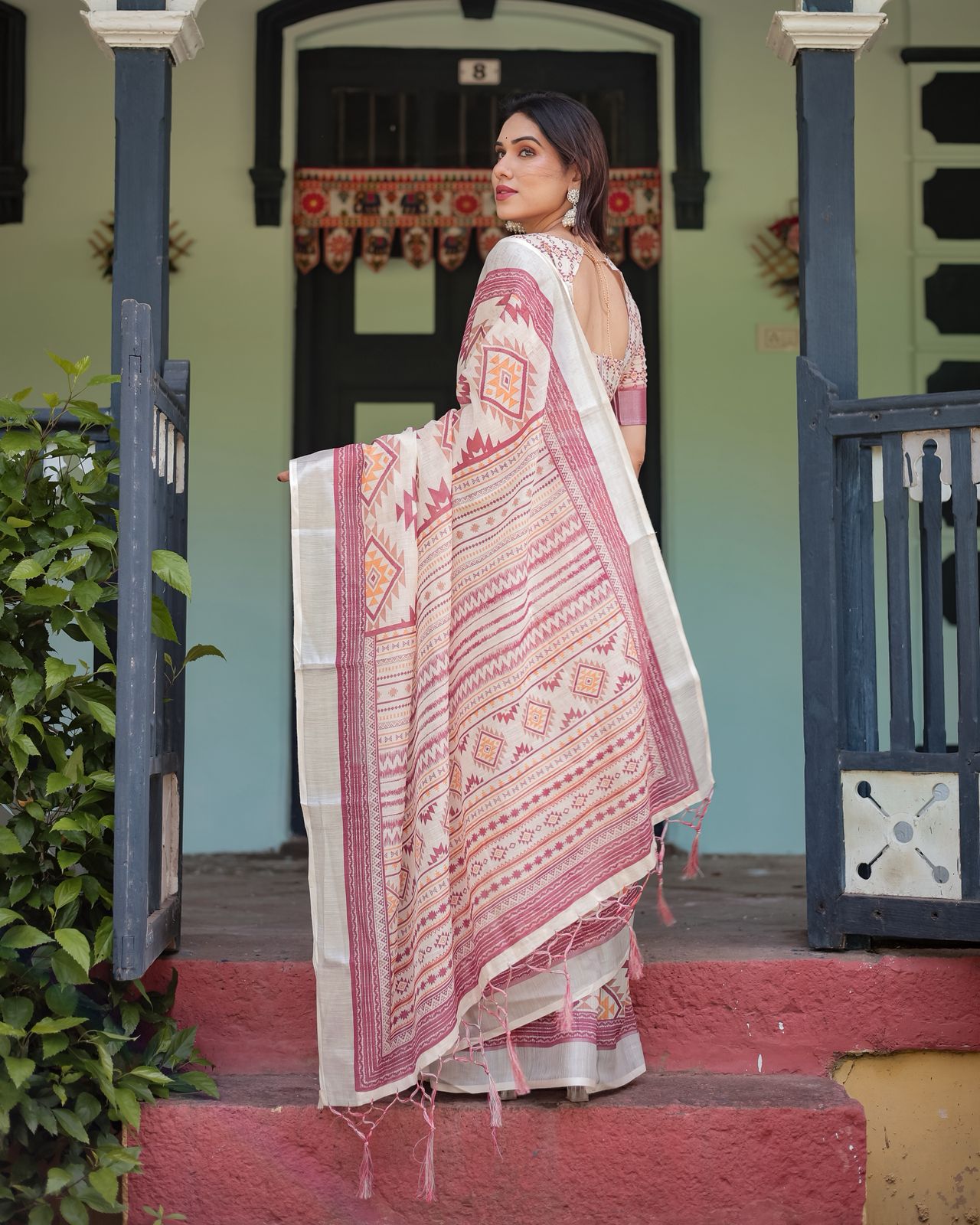 Off White Linen Saree with Tribal Prints & Designer Pallu