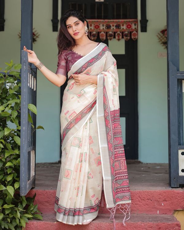 Ivory Linen Saree with Geometric Prints & Designer Pallu