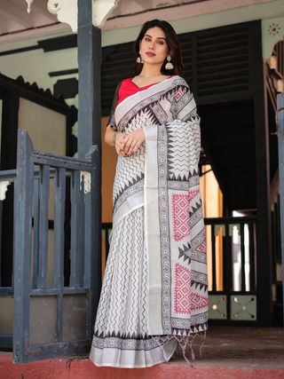 Monochrome Magic Linen Saree with Bold Red Touch