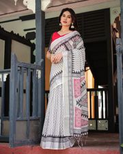 Monochrome Magic Linen Saree with Bold Red Touch - Off white