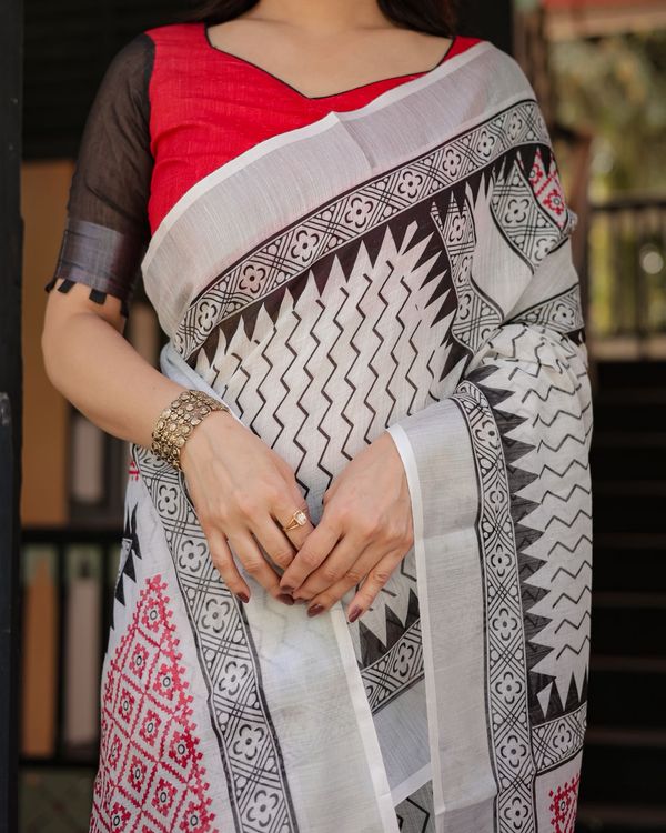 Monochrome Magic Linen Saree with Bold Red Touch