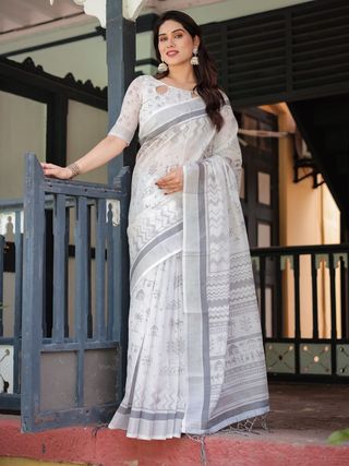 Soft White Linen Saree with Grey Tribal Design