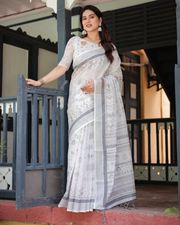 Soft White Linen Saree with Grey Tribal Design - White