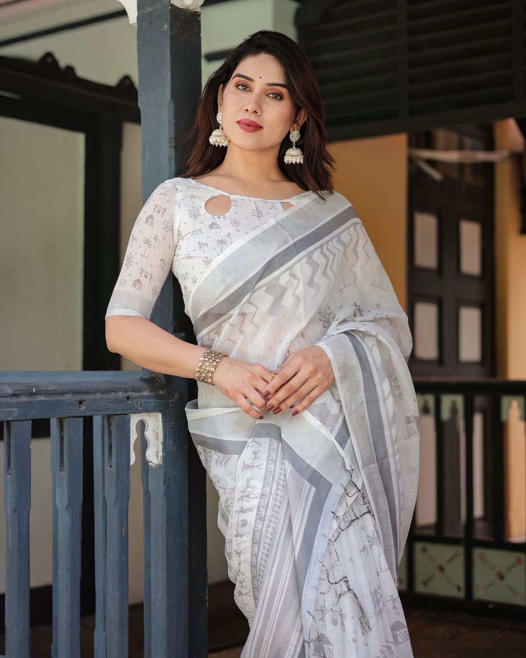 Soft White Linen Saree with Grey Tribal Design