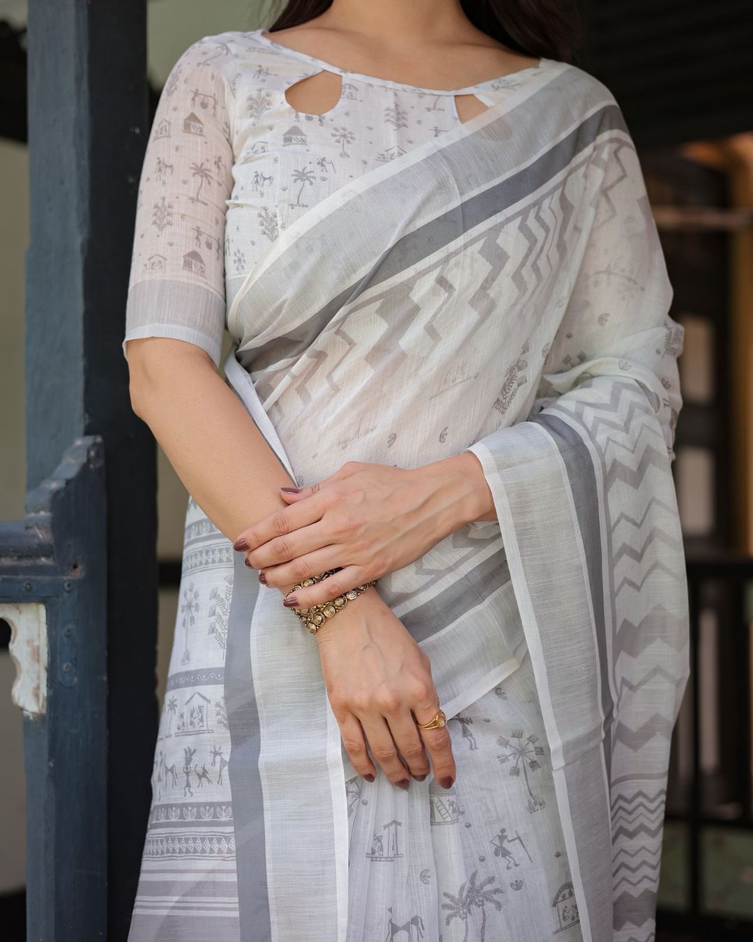 Soft White Linen Saree with Grey Tribal Design