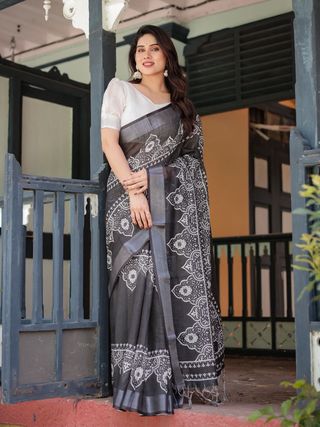 Black White Printed Linen Saree with Elegant Look