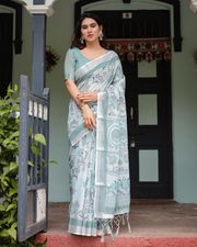 Pastel Green Linen Saree with Elegant Floral Print - Green