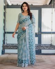 Pastel Blue Linen Saree with Geometric Floral Print - Blue