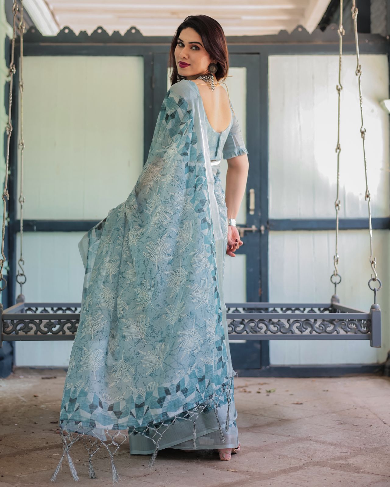 Pastel Blue Linen Saree with Geometric Floral Print