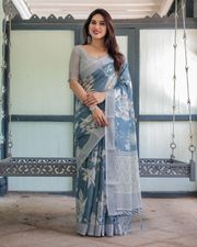 Blue Floral Linen Saree with Elegant White Prints - Blue
