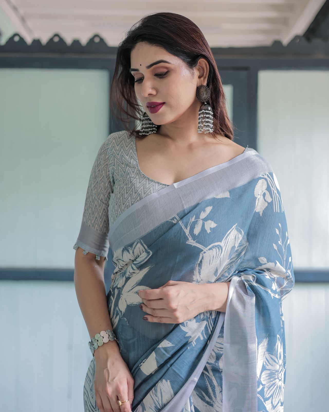 Blue Floral Linen Saree with Elegant White Prints