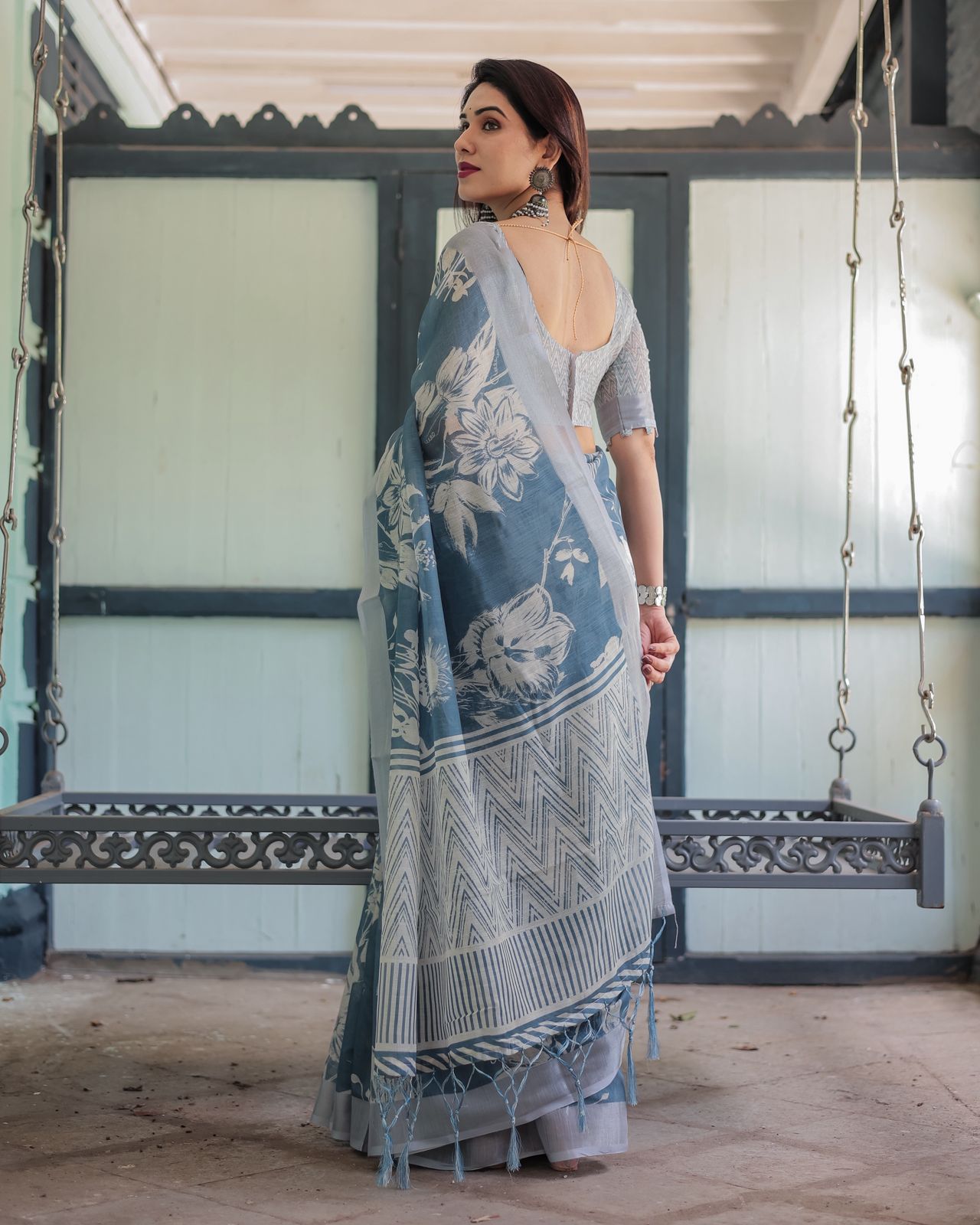 Blue Floral Linen Saree with Elegant White Prints