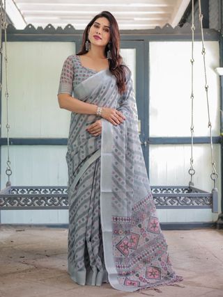 Grey Ikat Print Linen Saree with Elegant Design