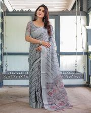 Grey Ikat Print Linen Saree with Elegant Design - Gray / Grey