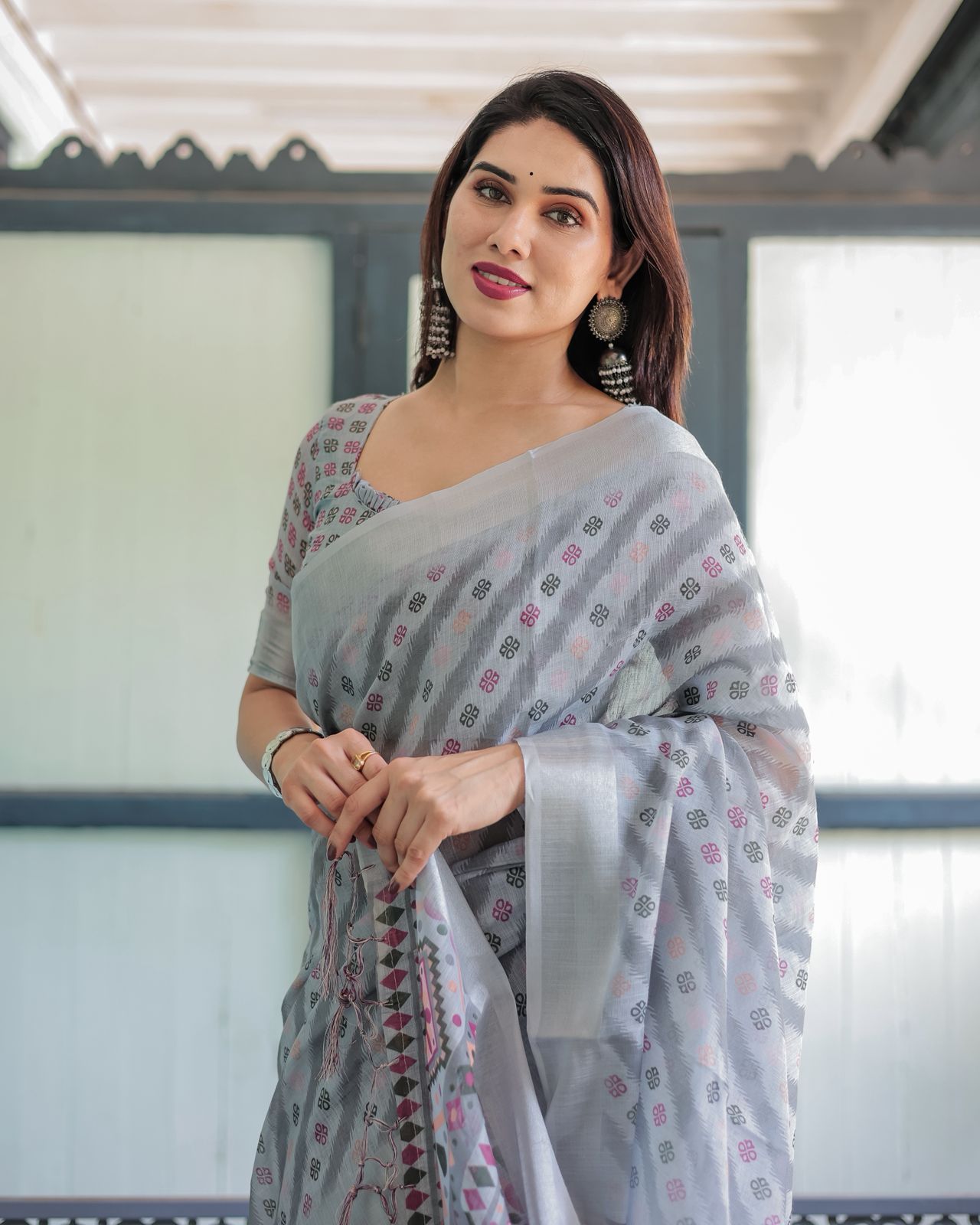 Grey Ikat Print Linen Saree with Elegant Design