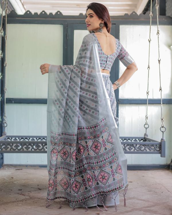Grey Ikat Print Linen Saree with Elegant Design