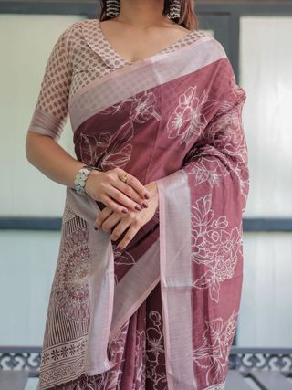 Maroon Floral Linen Saree with Elegant Printed Design