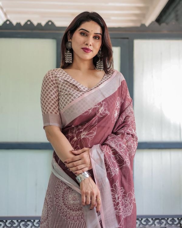 Maroon Floral Linen Saree with Elegant Printed Design