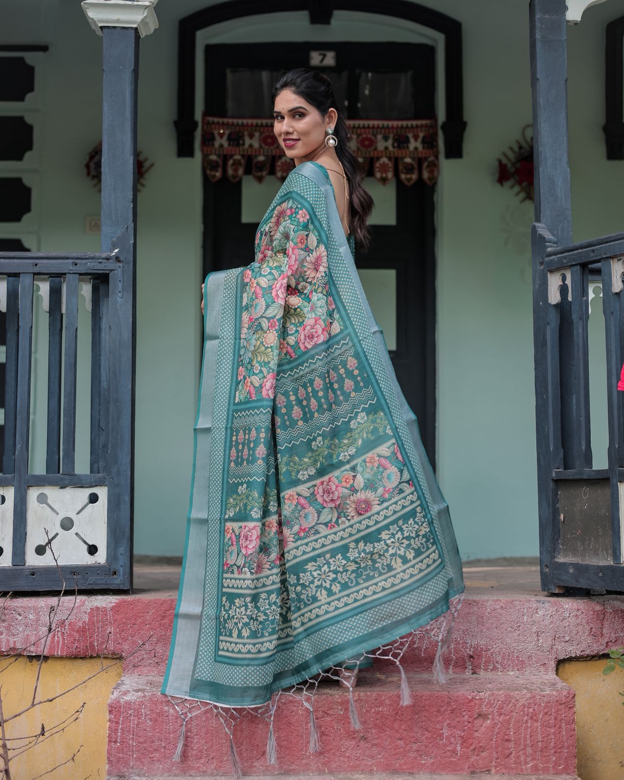 Teal Heritage Printed Linen Saree