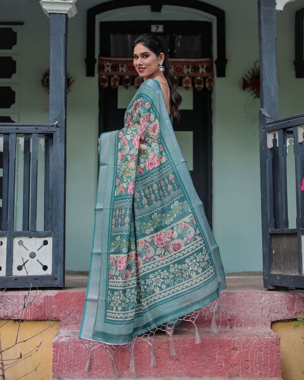 Teal Heritage Printed Linen Saree