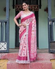 Soft Pink Floral Linen Saree with Elegant Border - Pink