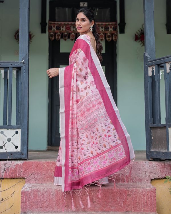Soft Pink Floral Linen Saree with Elegant Border