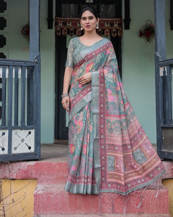 Teal Green Printed Linen Saree with Ethnic Border