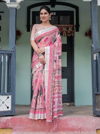 Pink Printed Linen Saree with Designer Border Style