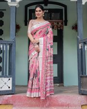 Pink Printed Linen Saree with Designer Border Style - Pink