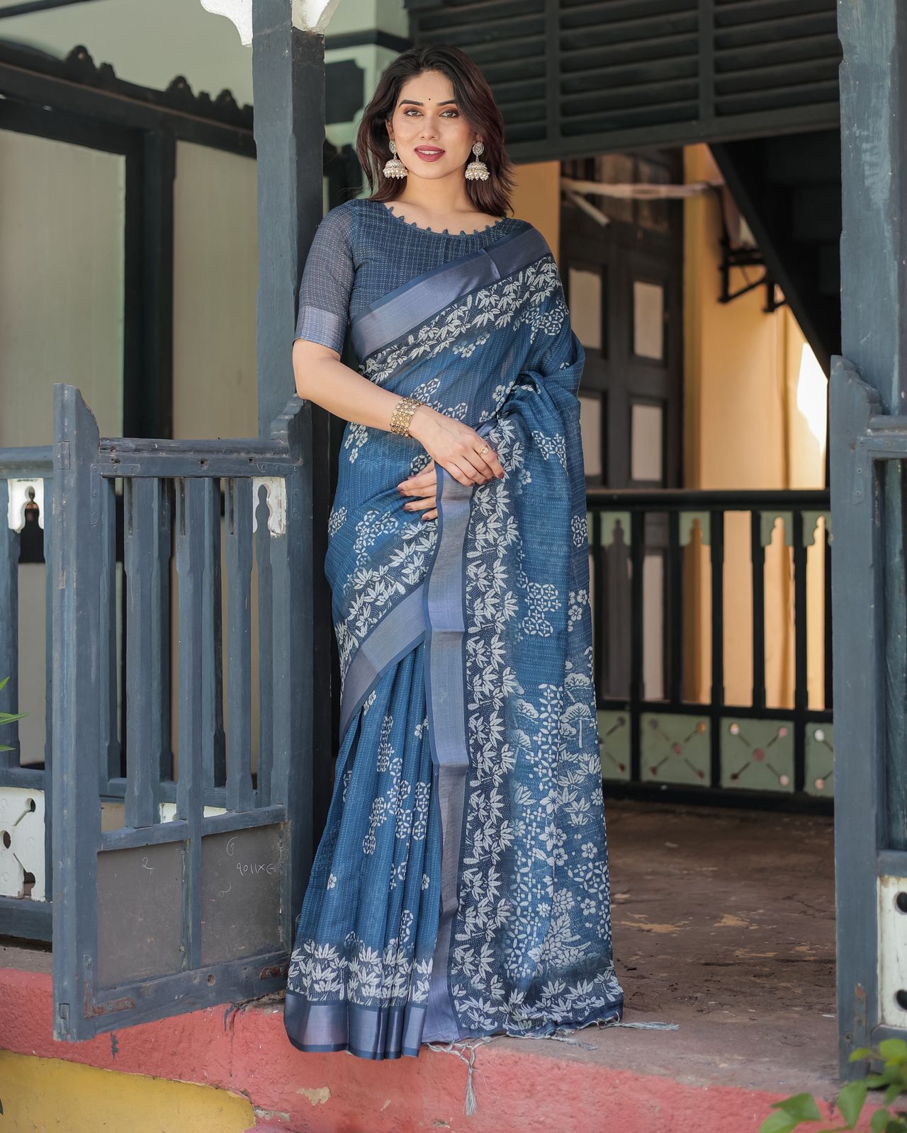 Blue Floral Linen Saree with Elegant Border Design
