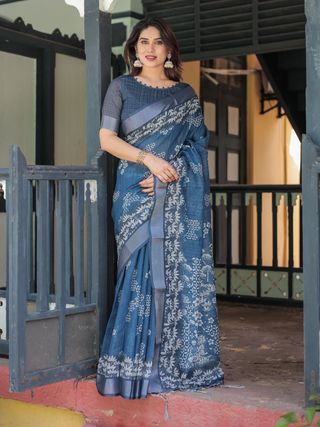 Blue Floral Linen Saree with Elegant Border Design
