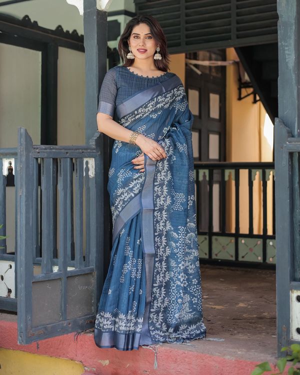 Blue Floral Linen Saree with Elegant Border Design