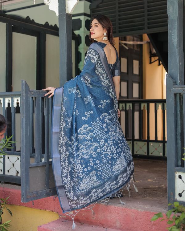 Blue Floral Linen Saree with Elegant Border Design