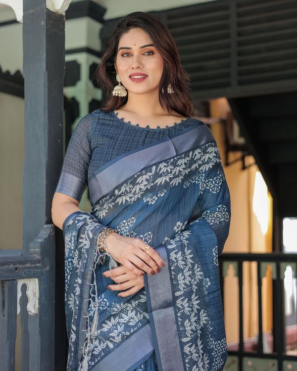 Blue Floral Linen Saree with Elegant Border Design