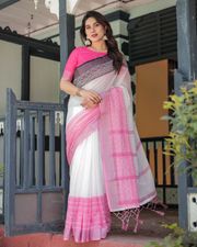 Elegant White Linen Saree with Bold Pink Designer Border - Pink