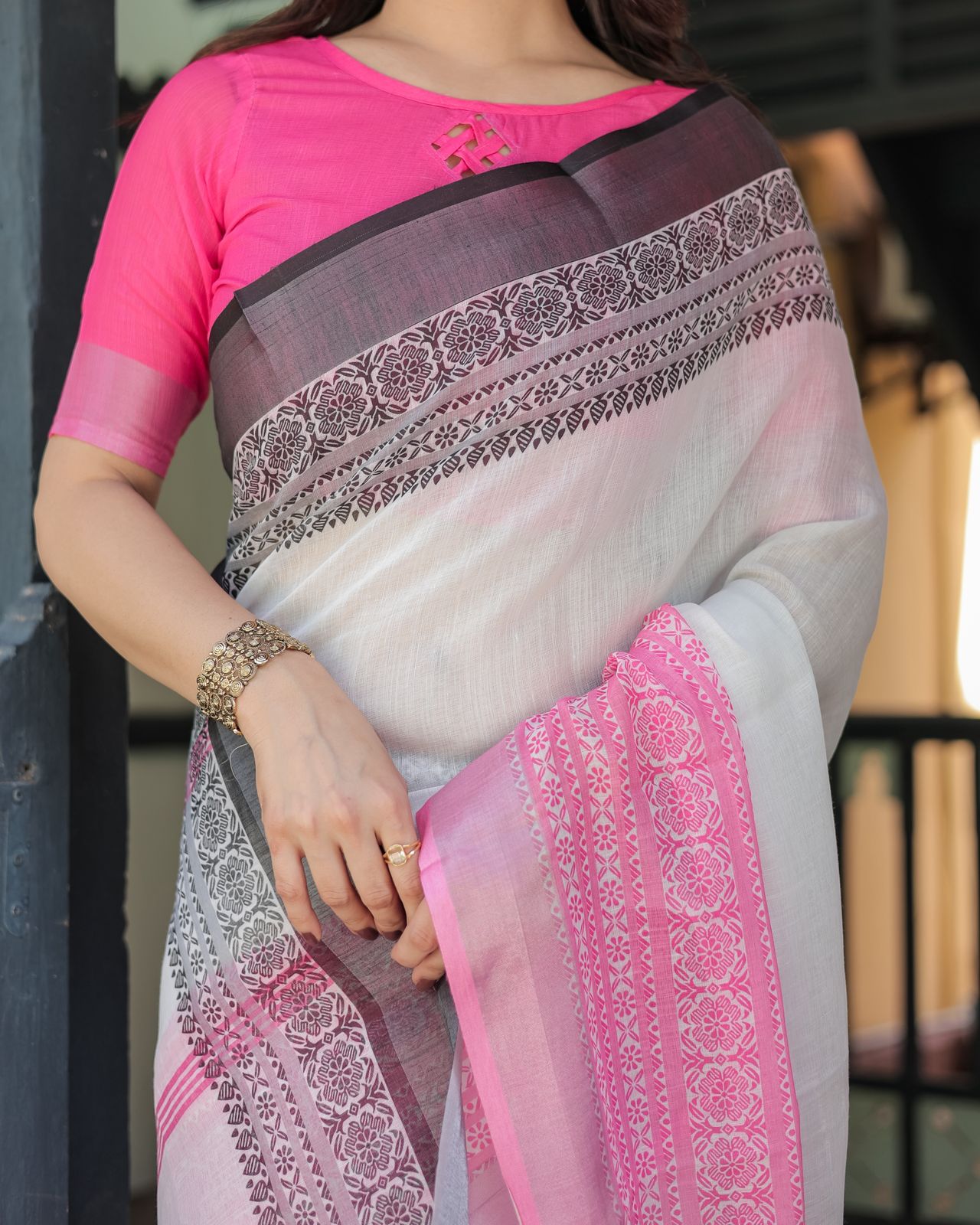 Elegant White Linen Saree with Bold Pink Designer Border