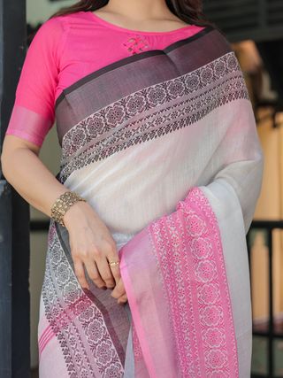 Elegant White Linen Saree with Bold Pink Designer Border