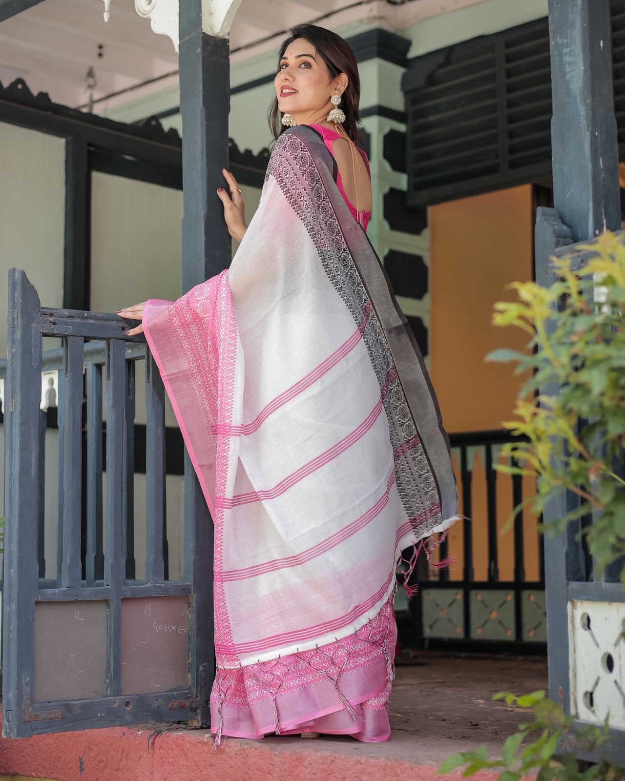 Elegant White Linen Saree with Bold Pink Designer Border
