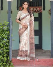Graceful Beige Linen Saree with Traditional Designer Border - Beige