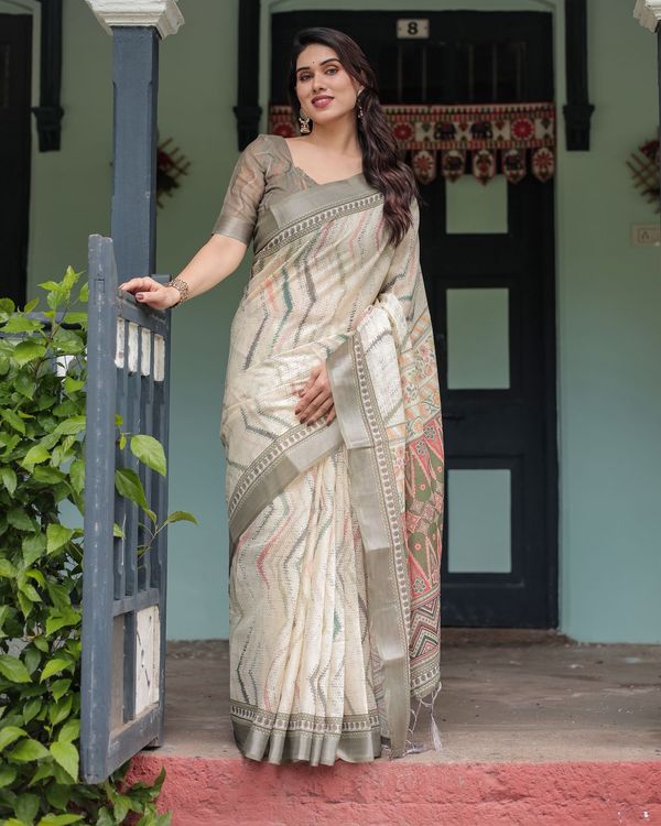 Elegant Pastel Green & Beige Linen Saree with Tribal Design