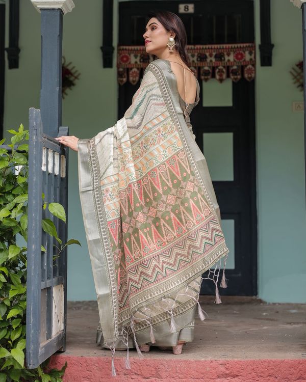 Elegant Pastel Green & Beige Linen Saree with Tribal Design