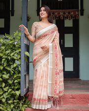 Elegant Beige & Peach Linen Saree with Designer Border - Beige
