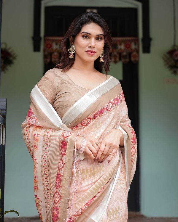Elegant Beige & Peach Linen Saree with Designer Border