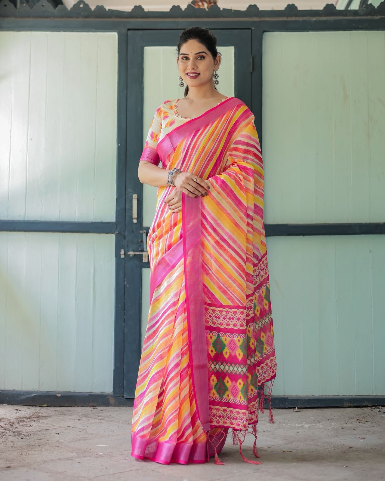 Vibrant Multicolor Linen Saree with Ikat Inspired Prints