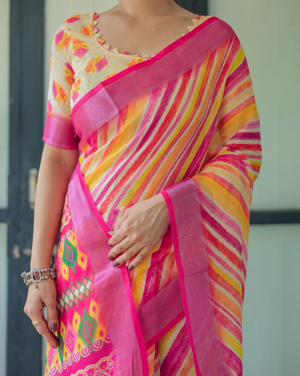 Vibrant Multicolor Linen Saree with Ikat Inspired Prints