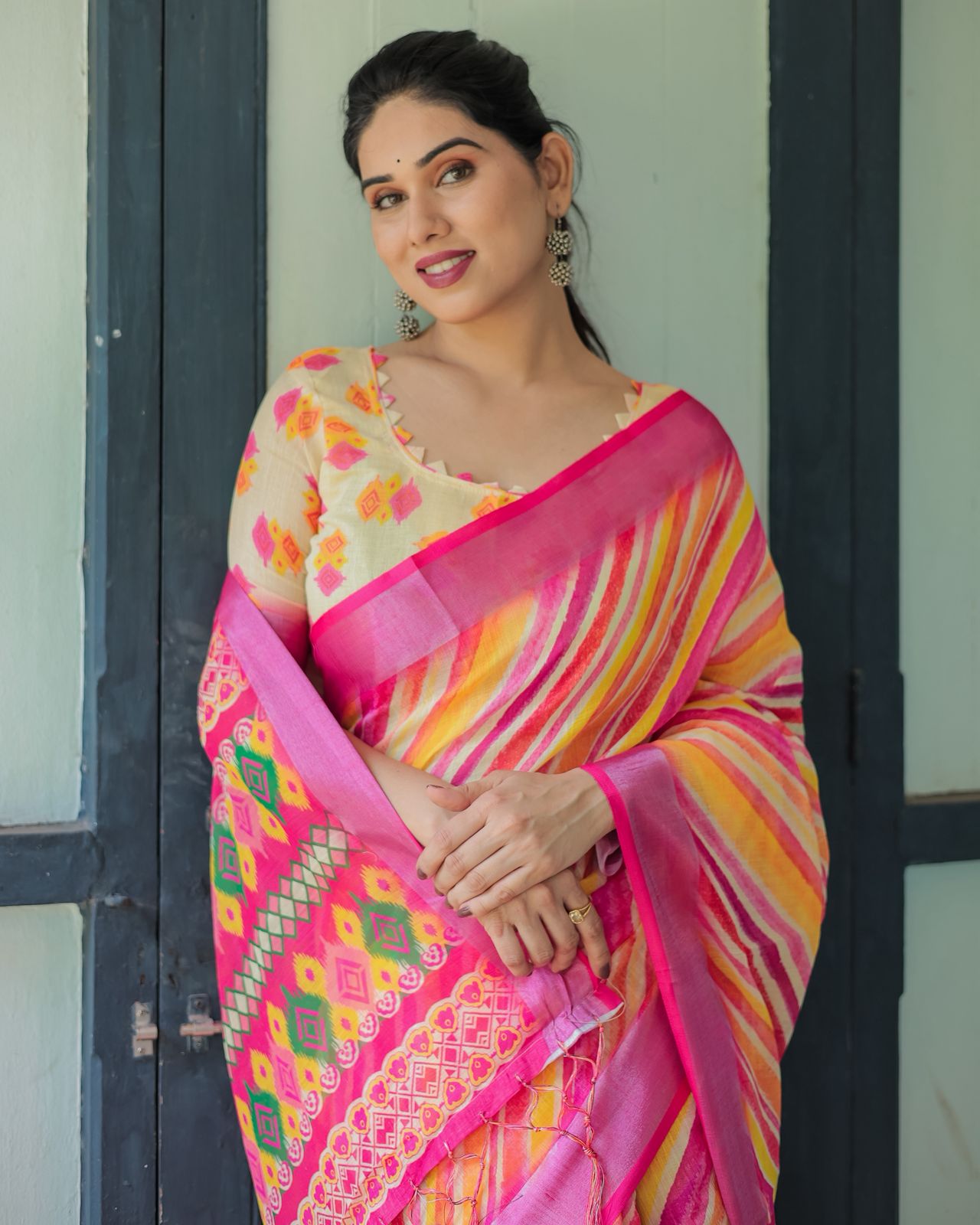 Vibrant Multicolor Linen Saree with Ikat Inspired Prints
